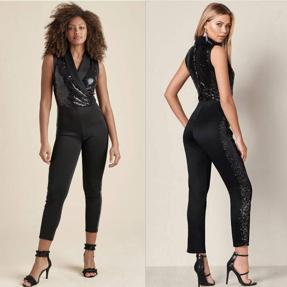 Venus Sequin Detail Tuxedo Jumpsuit Women's Medium Black Sleeveless Cocktail‎